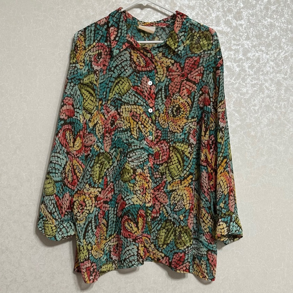Alfred Dunner Mosaic Floral Button Front Blouse Textured Artistic Multi Color 2X